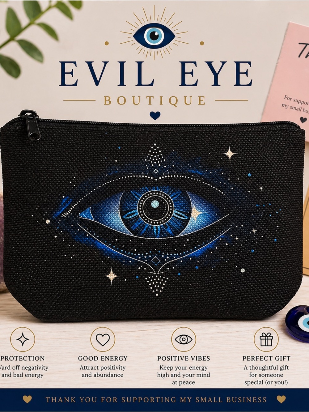 Black Canvas Zip Pouch with Blue Eye Design